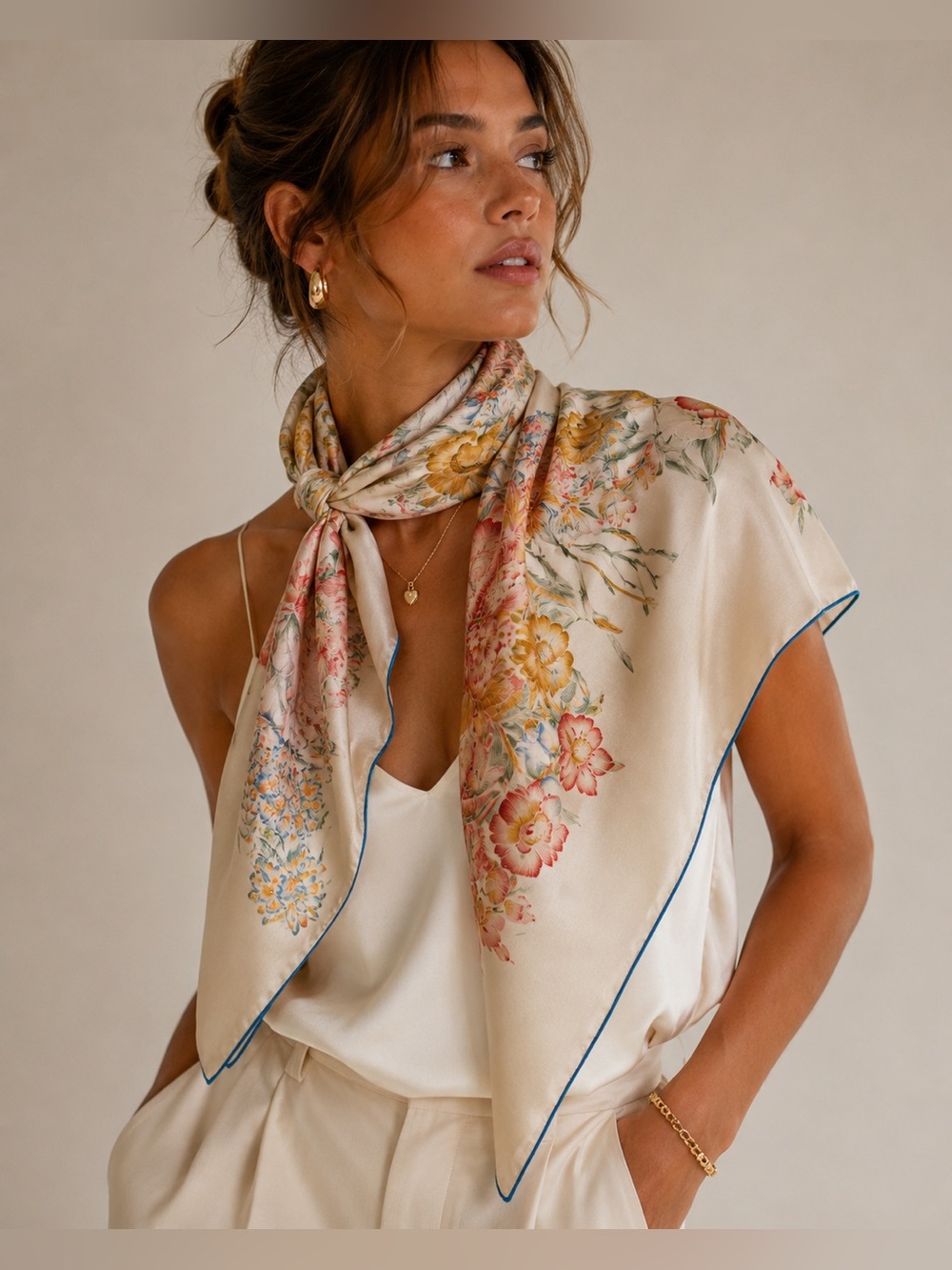 Echo Floral Cream Silk-Feel Scarf with Blue Trim